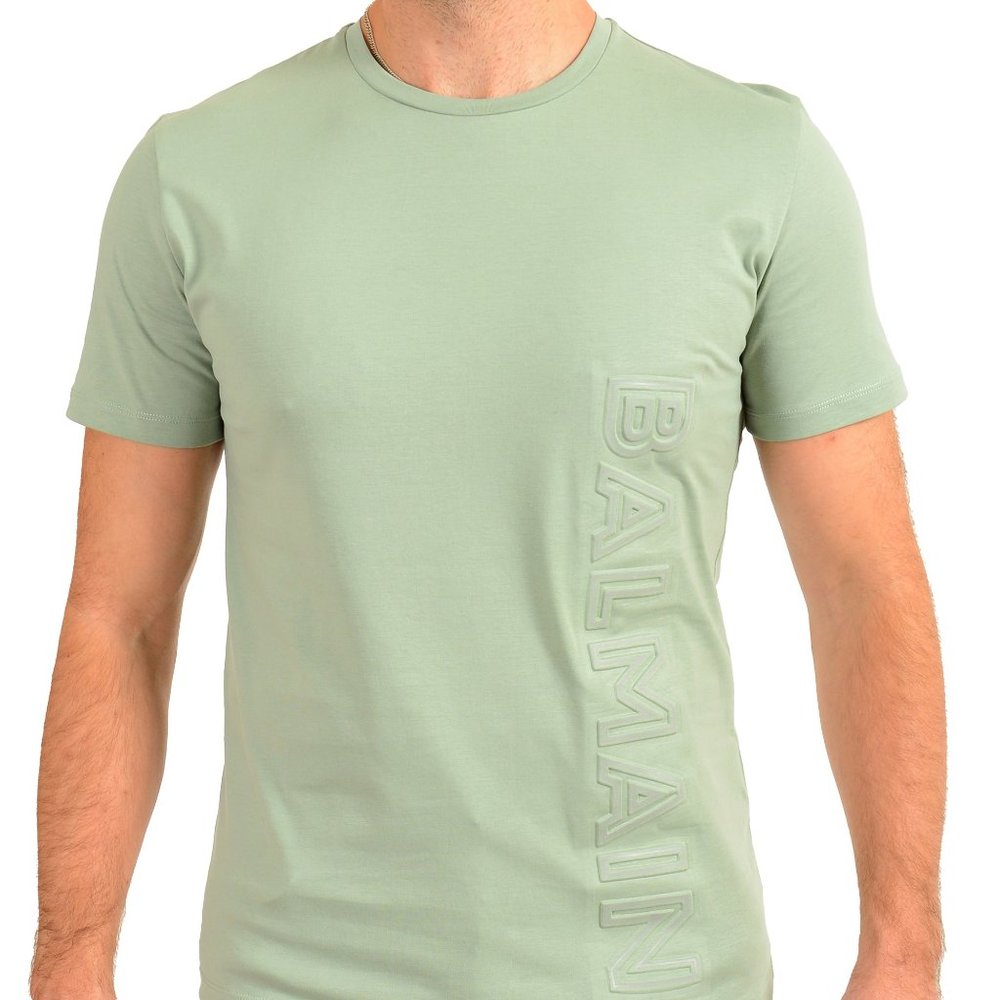 Balmain Men's Light Green Embossed Balmain Logo Crewneck Short Sleeve T-Shirt